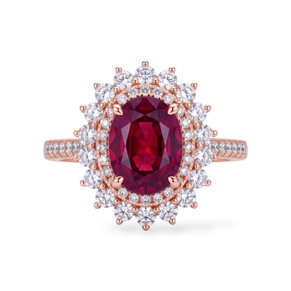 AMI076 Oval Cut Lab-Grown Ruby Halo Ring (Pigeon's Blood)