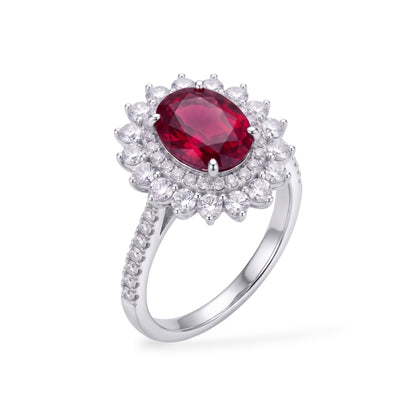 AMI076 Oval Cut Lab-Grown Ruby Halo Ring (Pigeon's Blood)