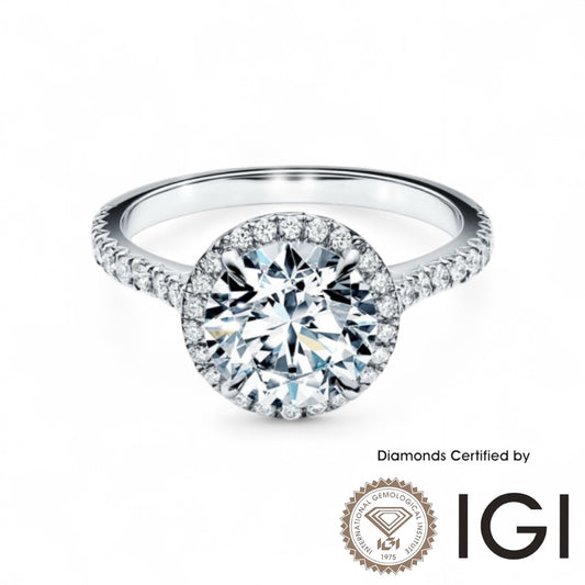 ASH012 Halo 18K Ring D VVS1 VVS2 3EX by Madison Avenue Diamond with round center diamond and halo setting
