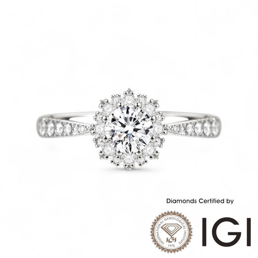 ASH013 Halo 18K Ring D, VVS1, VVS2, 3EX IGI Certified diamond halo ring with side stones