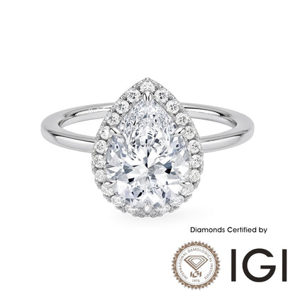 ASH040 Pear Halo Lab Grown Diamond Ring D VVS1 VVS2 2EX IGI Certified