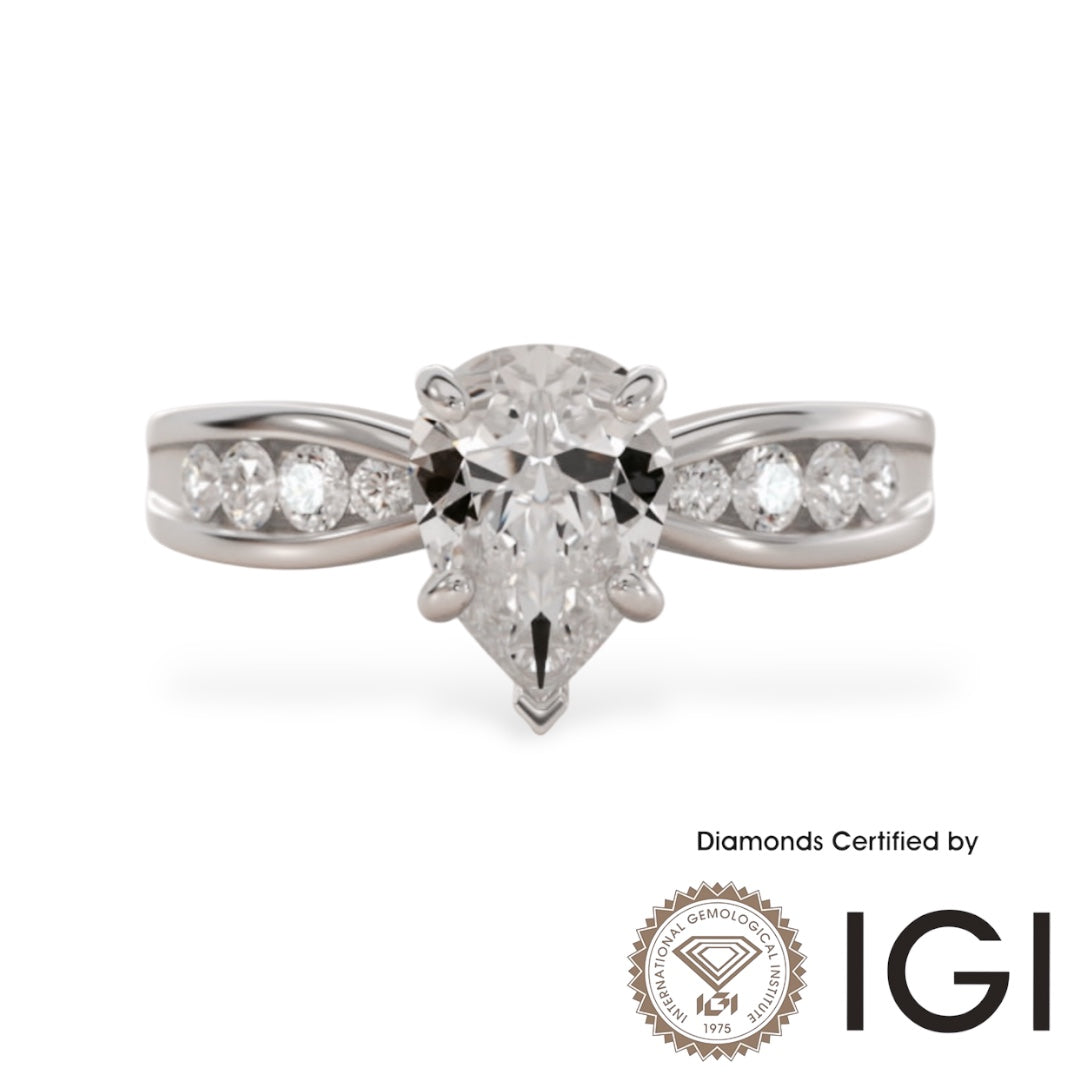 ASH081 Pear Cut Lab Grown Diamond Sidestone Ring 9K D VVS1 VVS2 2EX IGI Certified