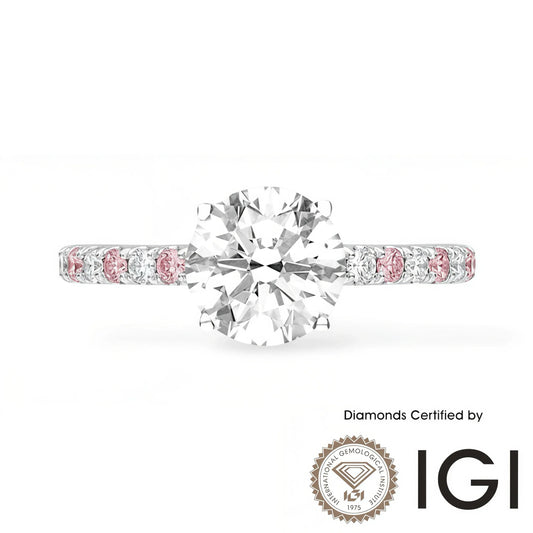 ASH086P Pink Sidestone Lab Grown Diamond Ring 18K D VVS1 VVS2 3EX IGI Certified
