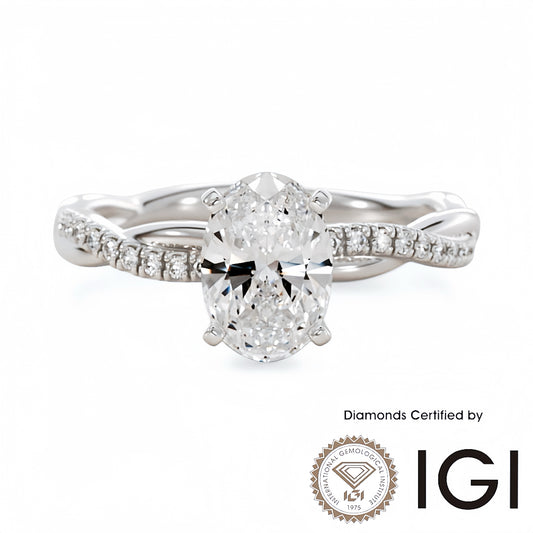 ASH097 Oval Cut Lab Grown Diamond Sidestone Ring 9K D VVS1 VVS2 2EX IGI Certified
