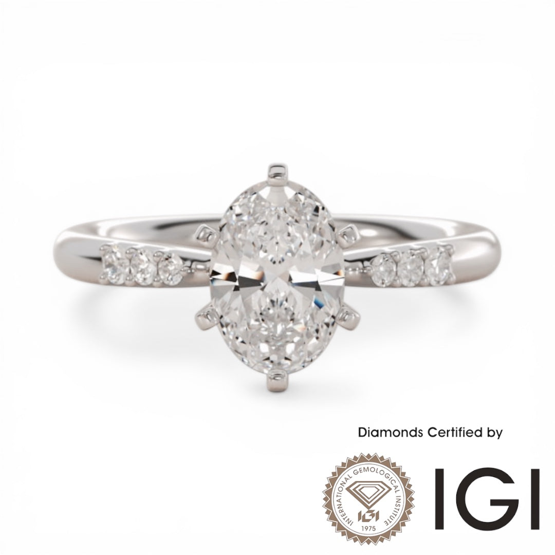 ASH098 Oval Cut Lab Grown Diamond Sidestone Ring 9K D VVS1 VVS2 2EX IGI Certified