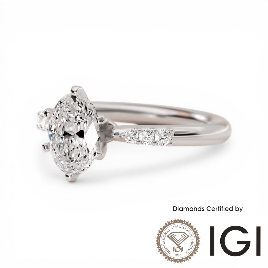 ASH098 Oval Cut Lab Grown Diamond Sidestone Ring 9K D VVS1 VVS2 2EX IGI Certified