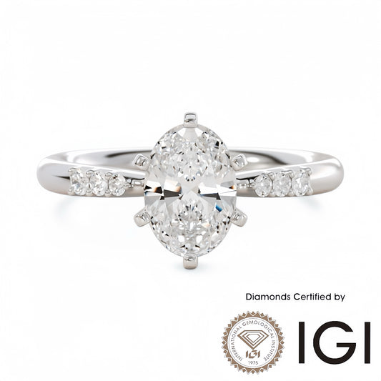 ASH098 Oval Cut Lab Grown Diamond Sidestone Ring 9K D VVS1 VVS2 2EX IGI Certified