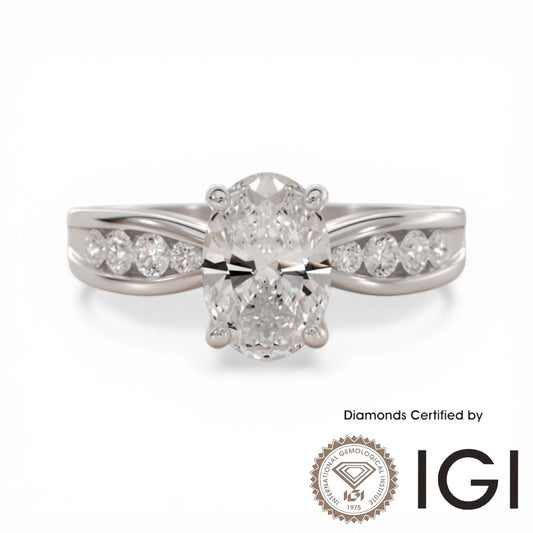 ASH099 Oval Cut Lab Grown Diamond Sidestone Ring 9K D VVS1 VVS2 2EX IGI Certified