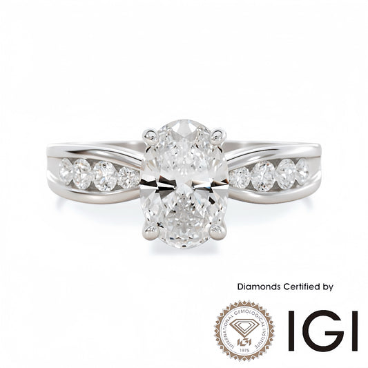 ASH099 Oval Cut Lab Grown Diamond Sidestone Ring 9K D VVS1 VVS2 2EX IGI Certified