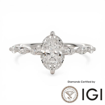 ASH100 橢圓形側鑽實驗室培育鑽石戒指 18K D VVS1 VVS2 2EX IGI 認證