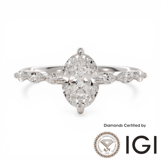 ASH0100 Oval Cut Lab Grown Diamond Sidestone Ring 9K D VVS1 VVS2 2EX IGI Certified