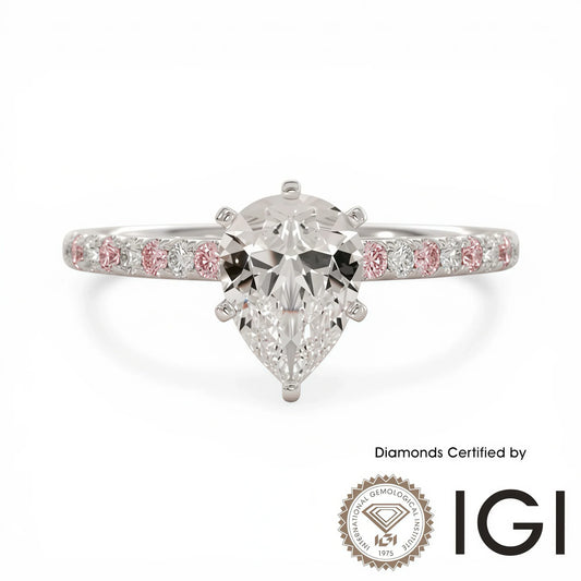 ASH102P Pear Cut Lab Grown Diamond Pink Sidestone Ring 9K D VVS1 VVS2 2EX IGI Certified