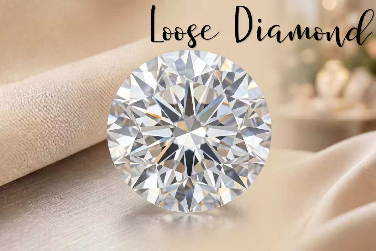 Close-up of a round loose diamond on a soft beige background with 'Loose Diamond' text.