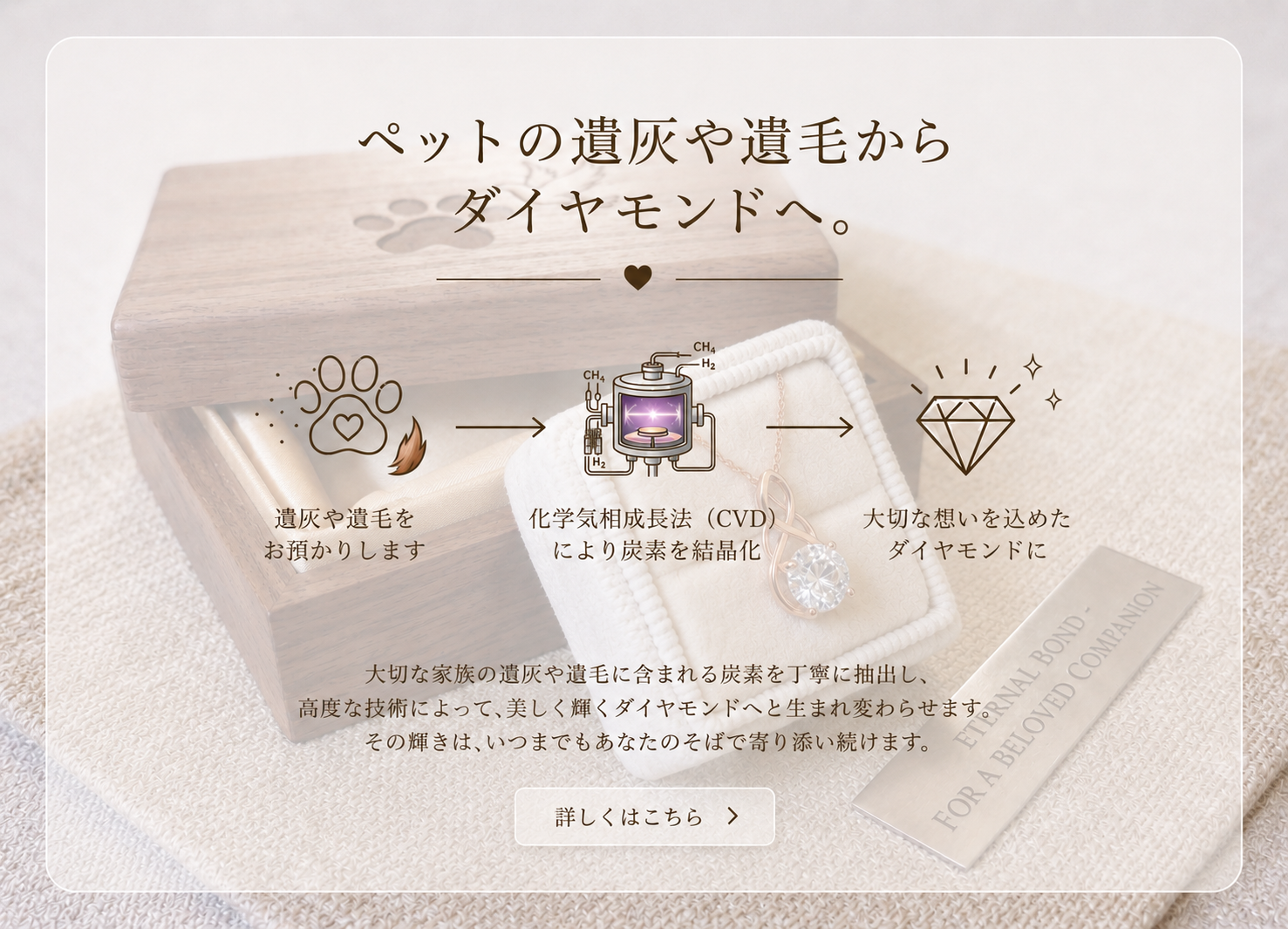 Diagram showing the process of turning pet waste into diamonds with Japanese text.