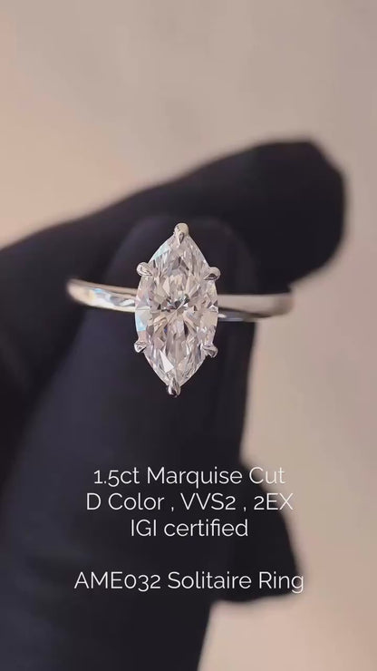 AME032 Anello Solitario Taglio Marquise con Diamante Coltivato in Laboratorio, D, VVS1, VVS2, 2EX, Certificato IGI