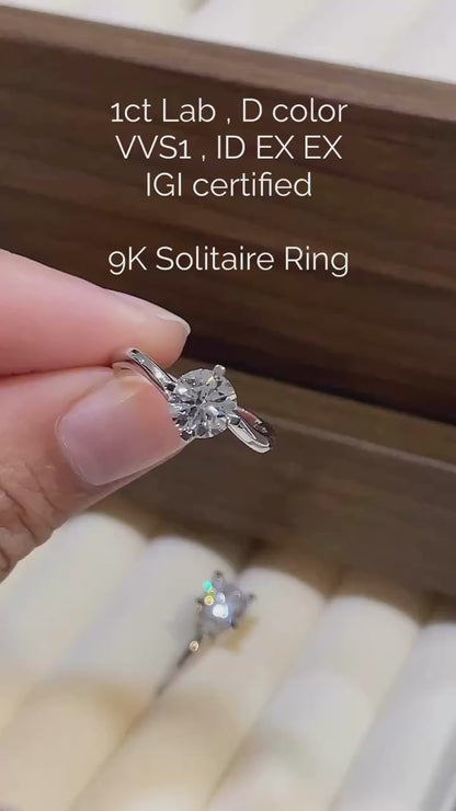 ASH044 ソリティア ラボグロウン ダイヤモンド リング 9K、D、VVS1、VVS2、3EX、IGI鑑定書付き