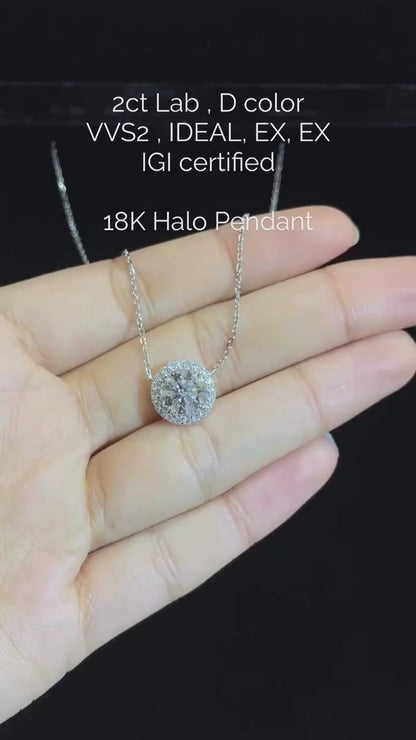 MadisonDia Christmas Sale 2ct D, VVS2, IDEAL, EX, EX, IGI certified, Halo 18K Lab-Grown Diamond Pendant