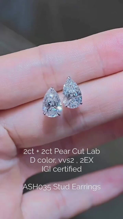 ASH035 Pear . Diamante Coltivato in Laboratorio . Orecchini, 18K, D, VVS1, VVS2, 2EX, Certificato IGI
