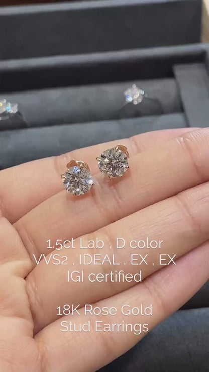 ASH073 Solitaire . Lab-Grown Diamond . Earring, 18K, D, VVS1, VVS2, 3EX, IGI Cert