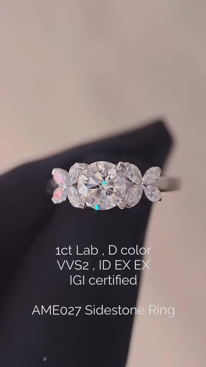 AME027 Anello con Diamante Coltivato in Laboratorio Sidestone D VVS1 VVS2 3EX Certificato IGI