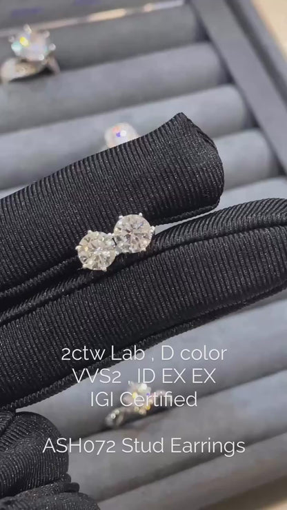 ASH072 Solitario . Diamante da Laboratorio . Orecchini, 18K, D, VVS1, VVS2, 3EX, Cert. IGI