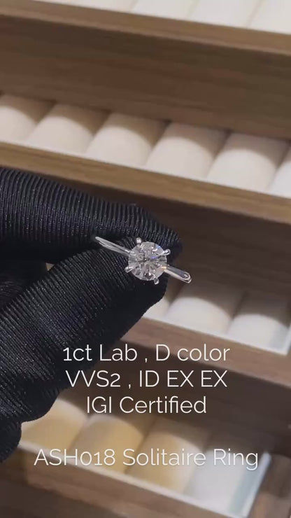 ASH018 Solitario . Diamante Coltivato in Laboratorio . Anello , D, VVS1, VVS2, 3EX, Certificato IGI