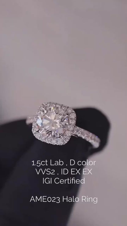 Anello AME023 Halo con Diamante Coltivato in Laboratorio D VVS1 VVS2 3EX Certificato IGI