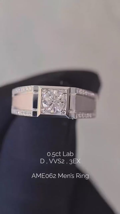 AME062 Men's Side Stone Lab-Grown Diamond Ring D, VVS1, VVS2, 3EX, IGI Certified