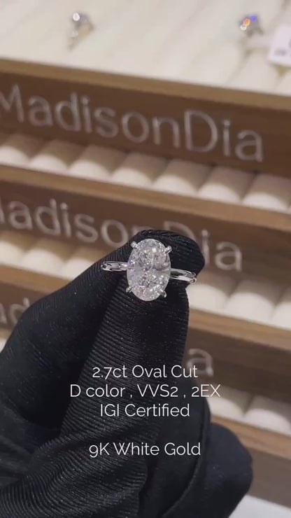 【在庫あり】MadisonDia 特別セール 2.7ct オーバルカット ラボグロウン ダイヤモンドリング D, VVS2, 2EX, IGI認定, 9K