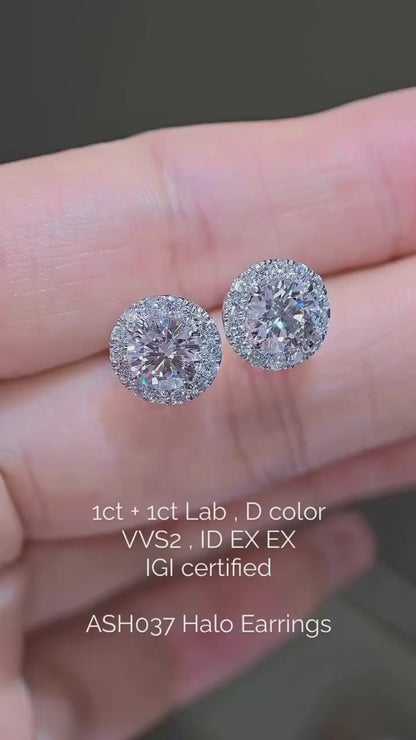 ASH037 Orecchini Halo con Diamante Coltivato in Laboratorio D VVS1 VVS2 3EX Certificato IGI