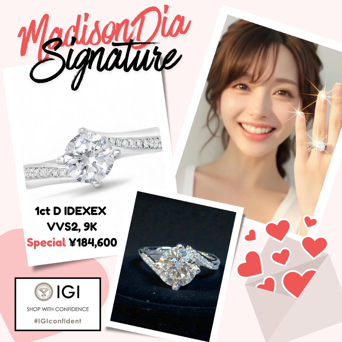 MadisonDia クラシック 2カラット サイドストーン ラボグロウンダイヤモンドリング E、VVS2、3EX、IGI鑑定書付き 9K 